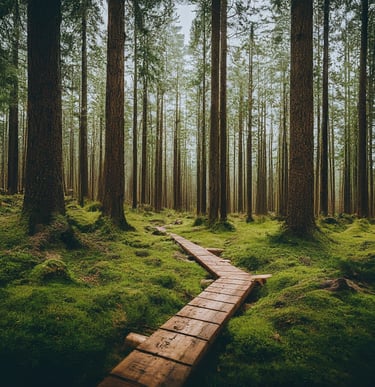 Wooden path through a green forest for nature photography/videos.
