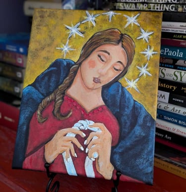 Small painting request from client. She emailed a photo of a number of mother mary ideas, and chose one for acrylic on canvas