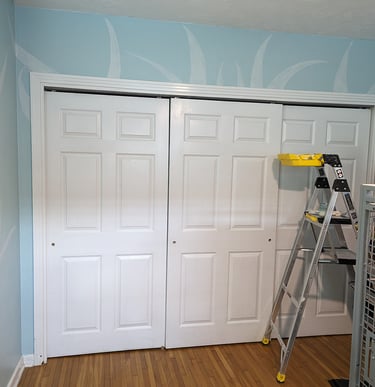 How to paint a mural around a large window. A bedroom adjoining walls mural project in photos. Closeted wall 2.