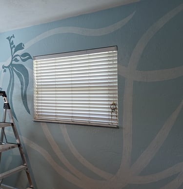 How to paint a mural around a large window. A bedroom adjoining walls mural project adding large color shapes on wall 1.