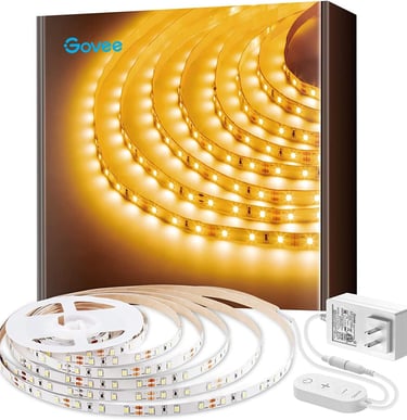 Govee warm white LED strip lights with power adapter and controller for indoor home lighting.