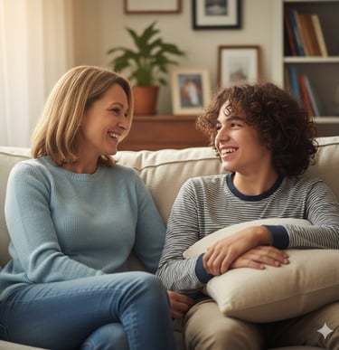 A realistic image of a mother teaching her child to read or helping with homework at a kitchen table