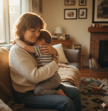 A loving mother hugging her child at home, showing the emotional bond between mother and child