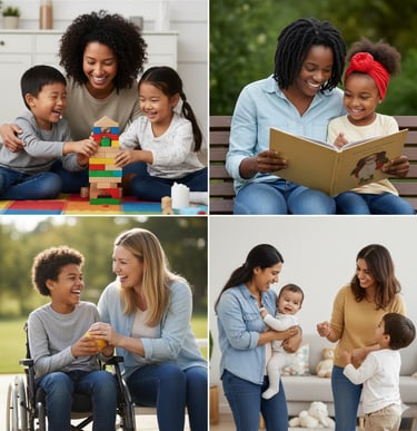 Different mothers and children spending time together, showing that every family relationship is uni
