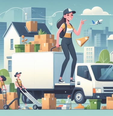 a woman moving a truck with boxes and a man