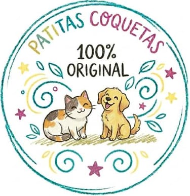 Patitas Coquetas logo featuring a cute illustrated cat and dog with 100% original text.