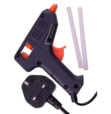 professional product photo of a hot glue gun showing the contents of the packet