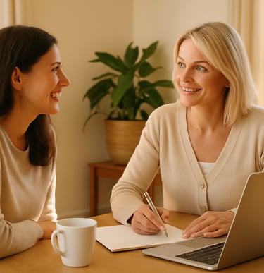Individuelles Gesundheitscoaching – zwei Frauen sitzen am Tisch mit Laptop, Stift und Notizen und be