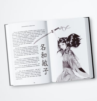 um livro aberto para mostrar um livro com o desenho de uma mulher oriental segurando uma espada