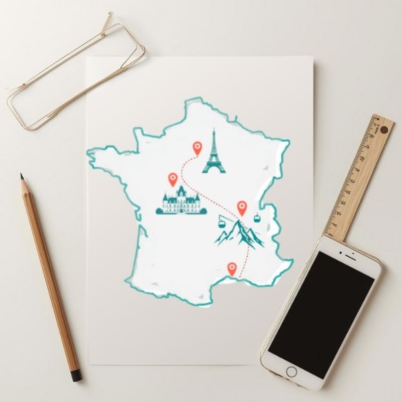 France map with Eiffel Tower and château icons, dotted route from Paris to the Loire.