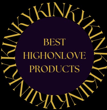 Letters KINKY surrounding a purple circle. Title inside the circle: Best HIGHONLOVE Products.