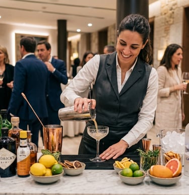 Une barmaid souriante prépare un cocktail pendant une réception événementiel de luxe.