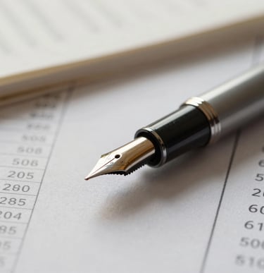 Tight macro shot of a fountain pen resting on highly detailed financial spreadsheets, soft natural light from a side window, warm champagne tones.