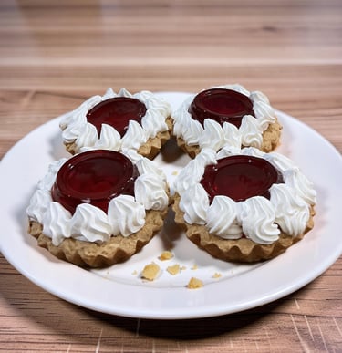 Four strawberry jelly tarts with whipped cream frosting on a white plate over a wooden table.