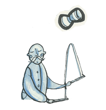 Watercolor illustration of a circus performer with a moustache spinning a diablo