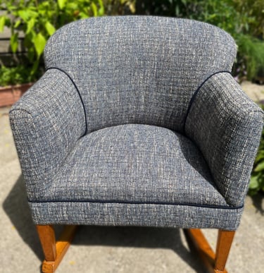 reupholstered rocking chair in blue tweed with welt detail