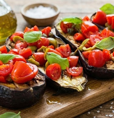 Eggplant bruschetta - Mediterranean bruschetta with tomatoes and olives