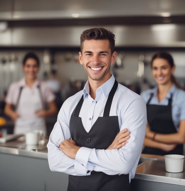happy restaurant manager with employees