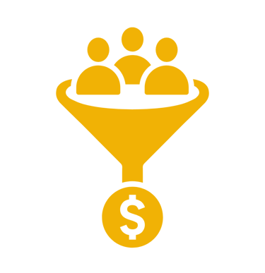 Yellow sales funnel icon illustrating lead generation and customer conversion into revenue on a black background.