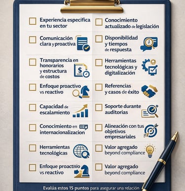 Checklist infográfico de 15 puntos para evaluación completa de asesor fiscal