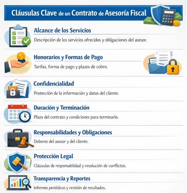 Cláusulas esenciales que debe incluir todo contrato de asesoría fiscal modelo