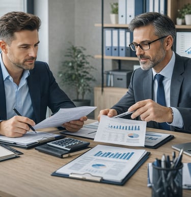 Empresario evaluando documentación fiscal con asesor profesional especializado