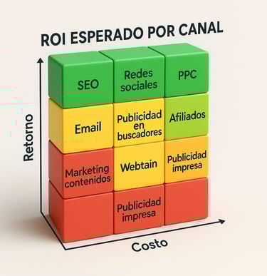 Mapa de calor visual comparando ROI de diferentes canales de generación de leads 2025