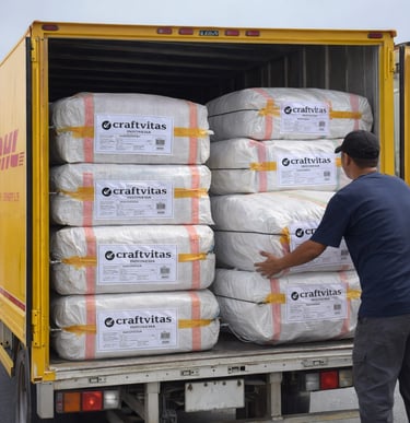 Large shipment of handmade woven bags from Craftvitas Indonesia prepared for international export and global delivery.