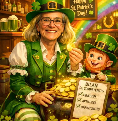 Une femme et un lutin en vert dans le costume Saint Patrick avec un pot d'or et liste de compétences