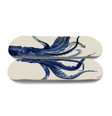 a pair of skateboards with a blue octopus