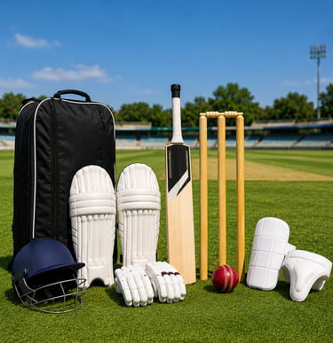 Cricket equipment including a bat, ball, pads, and helmet on a stadium grass field.