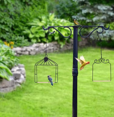 A blue jay and a yellow bird perched on hanging bird feeders in a lush green backyard garden.