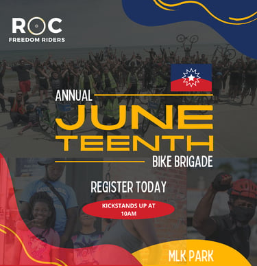 ROC Freedom Riders Annual Juneteenth Bike Brigade event poster featuring cyclists at MLK Park.