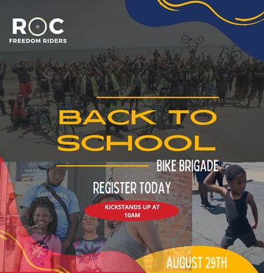 ROC Freedom Riders Back to School Bike Brigade event flyer for a community bicycle ride on August 29th.
