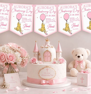 Personalised pink winnie the pooh christening bunting displayed above a christening cel