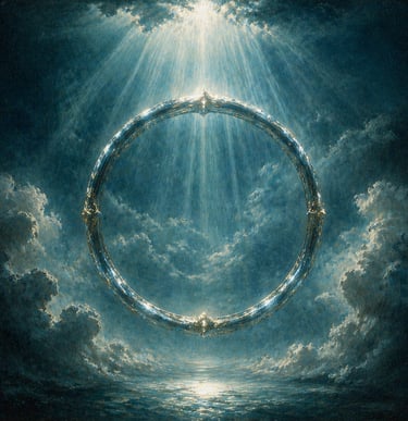 Anillo luminoso suspendido como símbolo de vacío con significado.