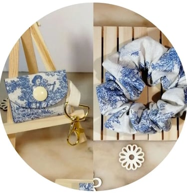 chouchou et porte-jeton en toile de Jouy