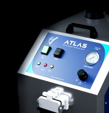 Profesjonalna stacja parowa EV Atlas dla biznesu. System czyszczenia i dezynfekcji suchą parą dla hoteli i autodetailingu.