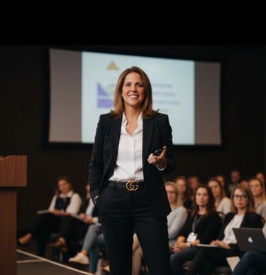 Amy McArdle, PhD, Hudson Valley leadership coach/real estate advisor speaking on stage about mindset