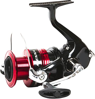 molinete shimano pesca leve cor preto com vermelho detalhes em branco posição invertida cabo cromado