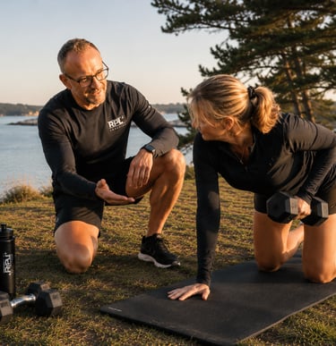 Coach sportif accompagnant une séance de renforcement fonctionnel dans le Golfe du Morbihan