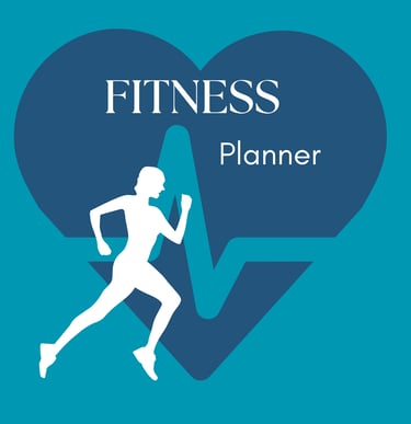 Fitness planner cover with a woman running silhouette over a heart and heartbeat graphic.