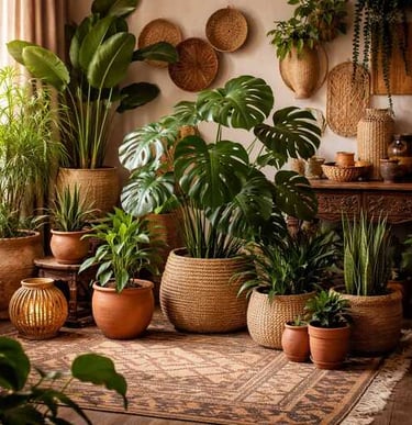 Afro-Bohemian Indoor Plants with Terracotta Pots and Woven Baskets