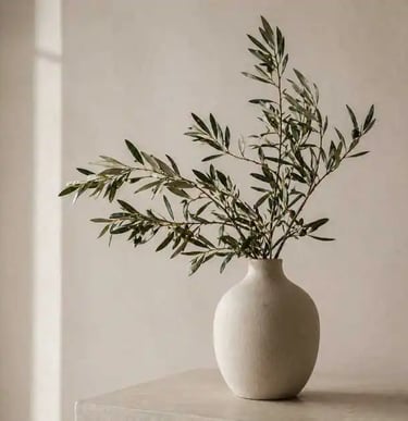 Modern Contemporary Botanical Styling – Olive Branch in Ceramic Vase with Neutral Minimal Background
