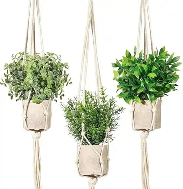 Boho Mini Artificial Hanging Plants 3-Pack – Faux Greenery with Macramé Hangers – Decorative Plants 