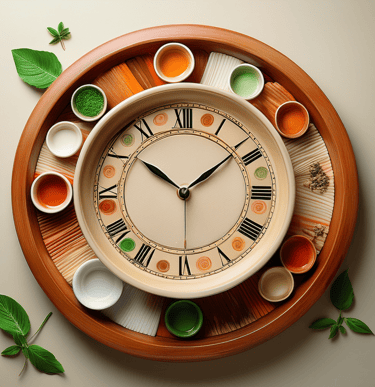 AI generated colorful bowls on terracotta plate with leaves on the side and a clock in the center to show quick recipes  
