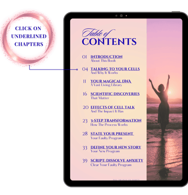 A page with table of content in a tablet of the ebook "Pull The Plug On Anxiety" showing to click on the underlined chapters