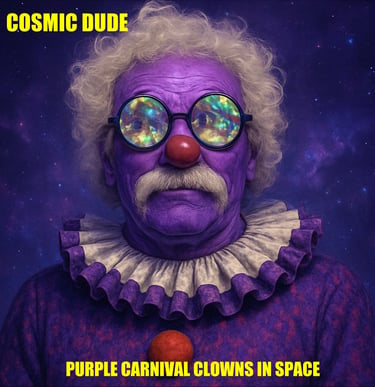 Purple clown wearing round glasses and clown costume
