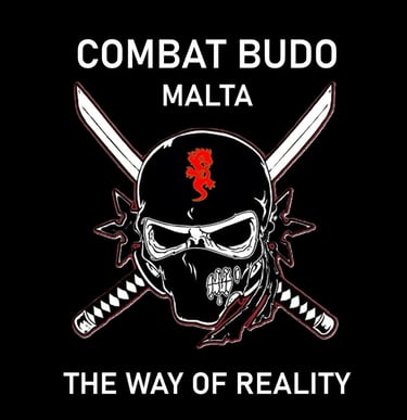 Combat Budo Malta logo featuring a ninja skull with crossed katanas and a red dragon on a black background.
