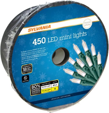 string of Christmas lights with energy ratings on label